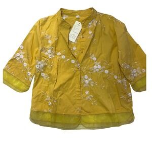 Mustard Yellow Floral Embroidered Blouse Sheer Trim Mandarin Collar M